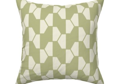 "Geo Ball" throw pillow product. Hexagon pattern in green and pristine (off-white/beige) color play. Inspired from geometry in nature.