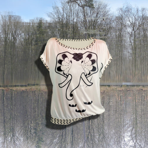 "Art Elephant Pristine" short sleeve blouse made from mtm fabric with Ejm Art Blouse & Sweater XS-XL Pattern". Colors are off white and black.