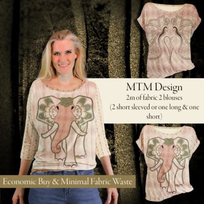 "Art Elephant" and "Orbit Butterfly" blouse with long or short sleeves. One mtm fabric with several possibilities. Use Ejm Art Blouse & Sweater XS-XL Pattern" to cut out the design you desire. At least two blouses. Minimal fabric waste and best economic buy. Colors are rustic gold on ash rose.
