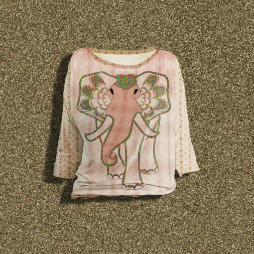 "Art Elephant" long sleeve blouse made from mtm fabric with Ejm Art Blouse & Sweater XS-XL Pattern". Colors are rustic gold on ash rose.