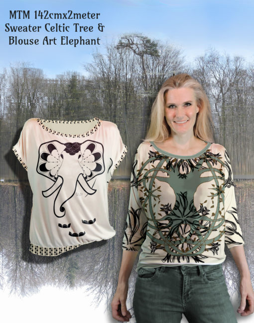 "Art Elephant" and "Celtic Tree" blouse with long and short sleeves. One mtm fabric. Use Ejm Art Blouse & Sweater XS-XL Pattern" to cut out the design. Two blouses one long, one short or both with short sleeves. Minimal fabric waste and best economic buy. Main color is off white (pristine)