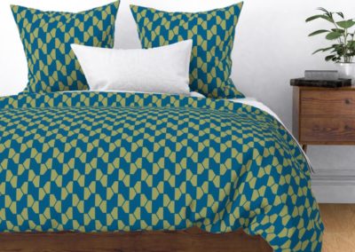 "Geo Ball" bedding cover. Hexagon pattern in green and blue color play. Inspired from geometry in nature.