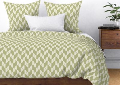 "Geo Ball" bedding, duvet and pillow cover. Hexagon pattern in green and pristine (off-white/beige) color play. Inspired from geometry in nature.