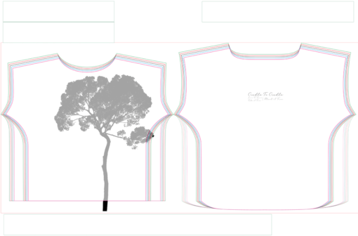 "Tree" mtm fabric 152cm x 1meter. Ground color is white, tree and text artwork black. Shown with blouse pattern.