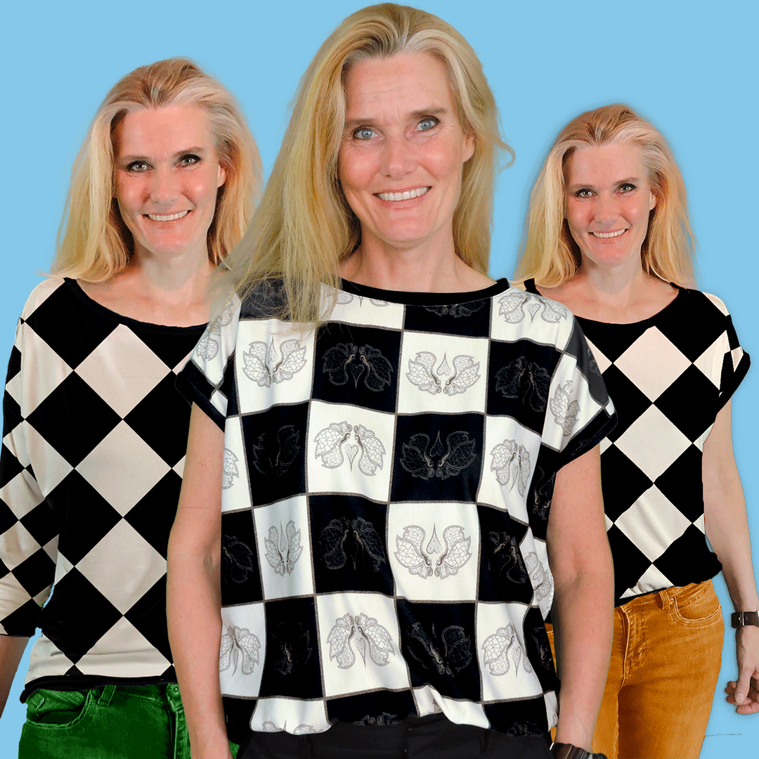 Two blouses; two x short sleeved or 1 long and one short. Cut from the "mtm 142cm x 2meter Chess Butterfly Chess" fabric.