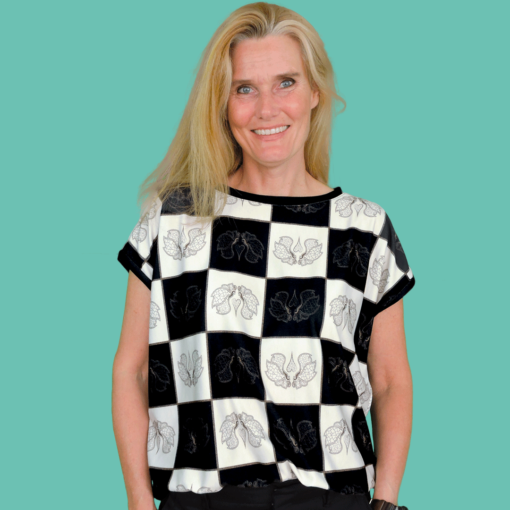 Butterfly Chess Blouse. One out of two blouse designs cut from the "mtm 142cm x 2meter Chess Butterfly Chess" fabric.