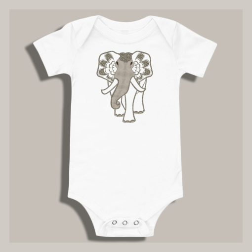 Baby bodystocking white with art nouveau elephant front print. Available in 3-6m, 6-12m, 12-18m and 18-24m.