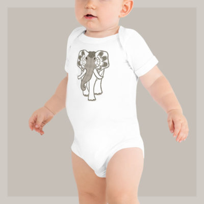 Baby bodystocking white with art nouveau elephant front print. Available in 3-6m, 6-12m, 12-18m and 18-24m.