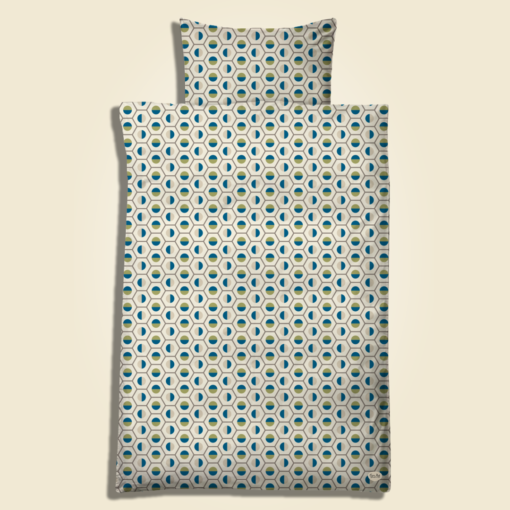 Geo Duck fit, olive blue. Pillow and duvet cover for adults which matches "Geo The Duckling for baby and juniors. The design has a slightly bigger scale.