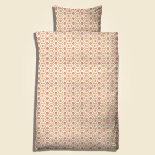 Geo´s Parent, coral sun. Adult diy bedding kit. Cotton satin fabric for pillowcase and duvet cover to simply cut & sew.