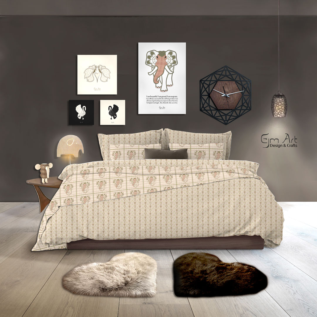 Home Décor. Swan, butterfly and elephant posters. Bedding with elephant print design.