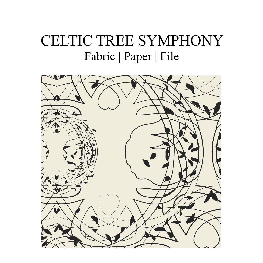 Celtic Tree Symphony all-over print. The design are Celtic trees of life in delicate entanglement with the Celtic hearts. Artwork in black print on a pristine colored background. Print repeat dimensions: 21cm x 20cm / 8,27" x 7.95"