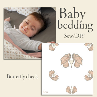 Butterfly Check digital printed bedding design for baby duvet & pillow cover. Rose checkered butterflies on white background.