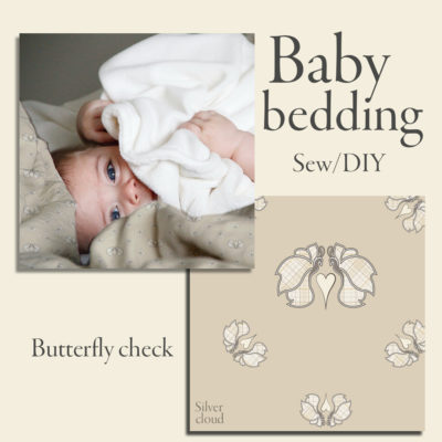 Butterfly Check digital printed bedding design for baby duvet & pillow cover. Light checkered butterflies on beige (silver cloud) background.