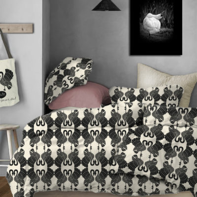 Ejm Art coherent designed bedroom with digital textile printed bedding in the Swan Dance print design for diy duvet & pillow cover. Matching bag (part of the diy bedding kit) displayed hanging at the wall as well as Ejm Art photo wall art poster of the Swan Narcissist.