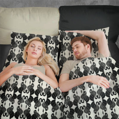 Couple sleeping in Swan Dance duvet cover & pillow cover.