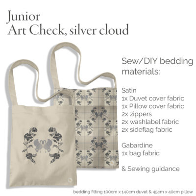 Bag viewed as when sewn containing bedding for junior. A kit for DIY creatives. All to sew up your self.